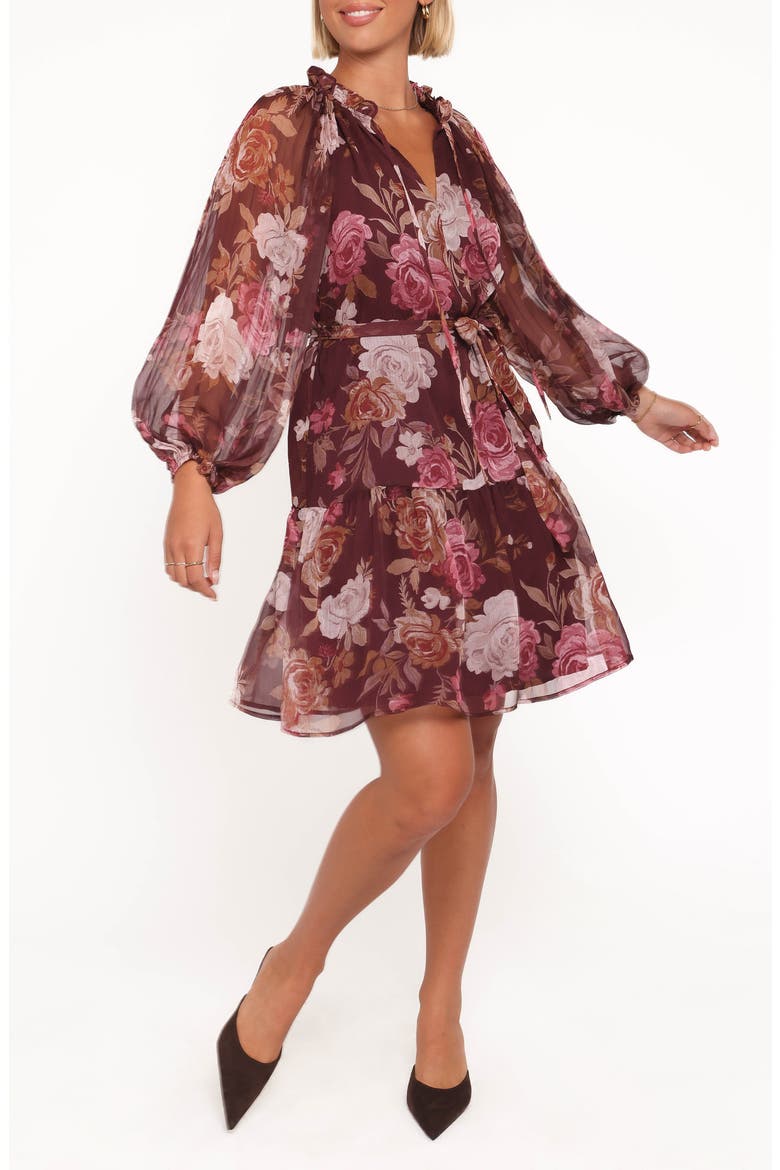 Hensley Floral Long Sleeve Chiffon Dress, Main, color, BURGUNDY BRANDY BLOOM