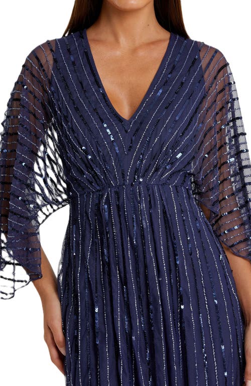 Mac Duggal Beaded Striping Kimono Sleeve V-neck Gown In Navy