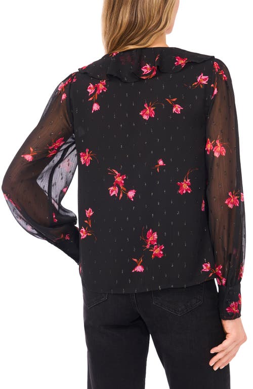 Cece Floral Metallic Split Neck Top In Black