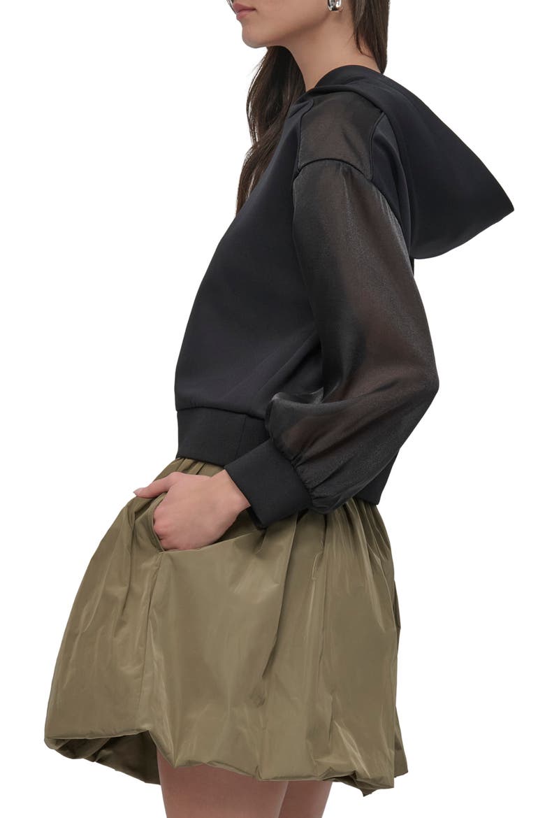 Organza Sleeve Crop Hoodie, Alternate, color, BLACK