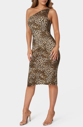 Bebe One Shoulder Midi With Gold Trim In Cheetah