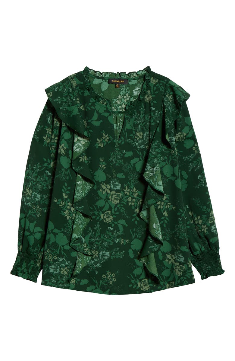 SUGARLIPS Woodland Floral Print Ruffle Top, Alternate, color, Emerald-Multi