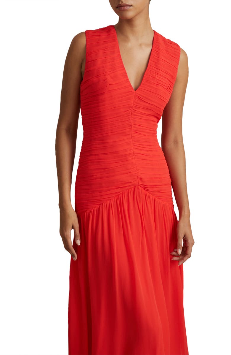 Reiss Saffy Ruched Mesh Midi Dress, Alternate, color, Coral