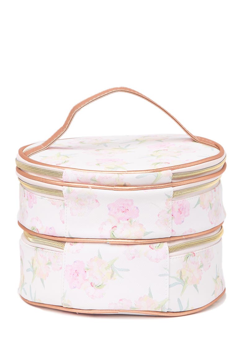 Oval Floral Print Triple Zipper Train Case, Alternate, color, PEONY