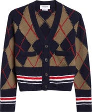 Thom Browne Argyle Intarsia Shrunken Virgin Wool Blend Cardigan
