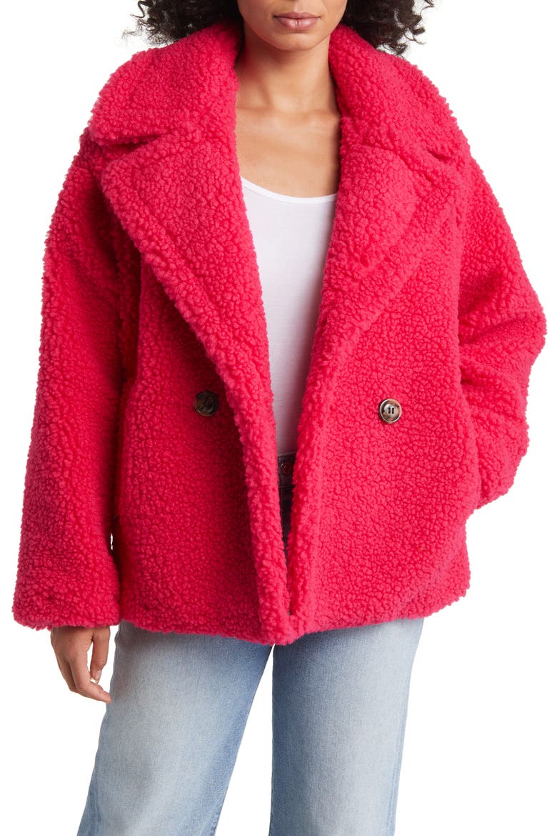 Gertrude Teddy Faux Shearling Coat, Alternate, color, CERISE