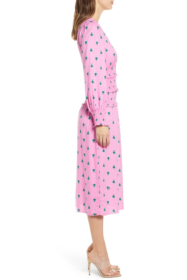 Hazel Floral Smocked Long Sleeve Midi Dress, Alternate, color, PINK GREEN FLORAL