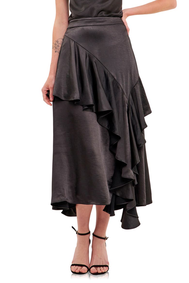 Waterfall Ruffle Satin Maxi Skirt, Main, color, BLACK