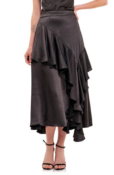 Waterfall Ruffle Satin Maxi Skirt
