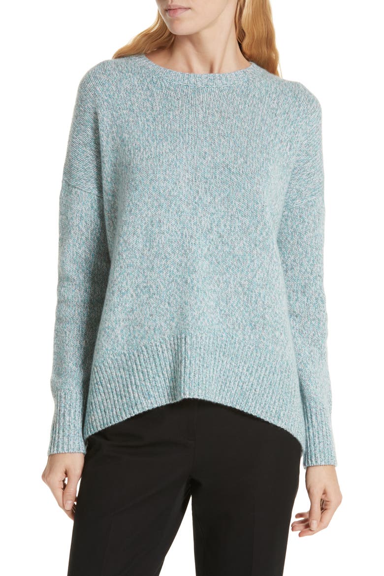 High/Low Cashmere Tweed Sweater, Main, color, AQUA SMOKE TWEED