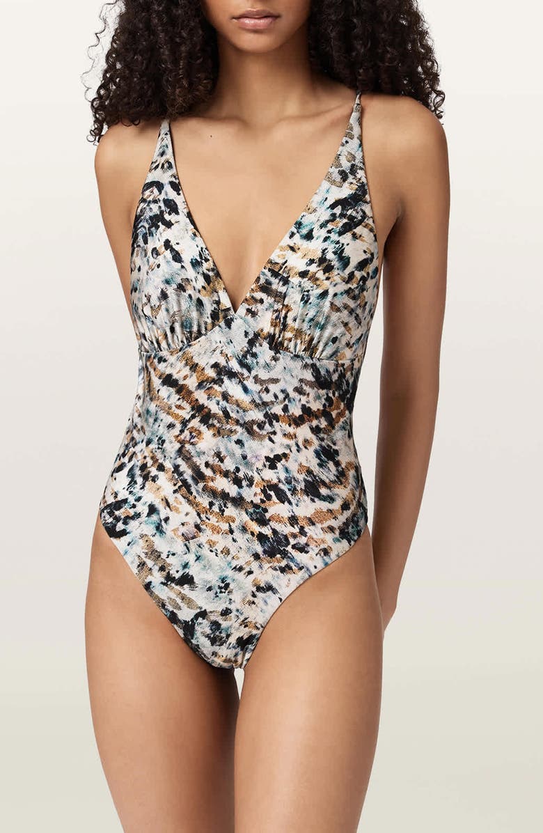 AllSaints Saph V-Neck One-Piece Swimsuit, Main, color, Canter Fawn Brown