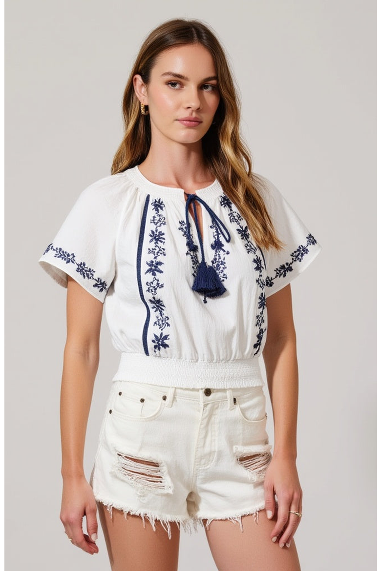 Short-Sleeve Embroidered Peasant Blouse, Main, color, White / Blue