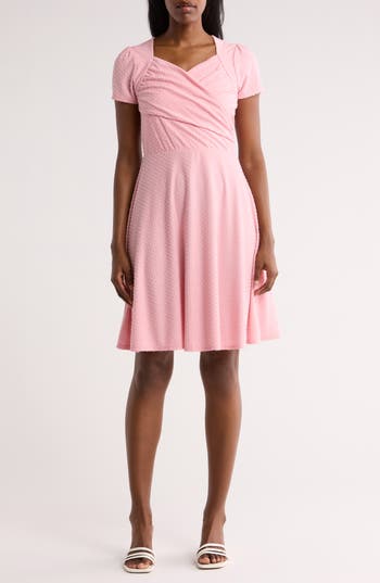 Loveappella Swiss Dot Short Sleeve Fit & Flare Dress In Pink