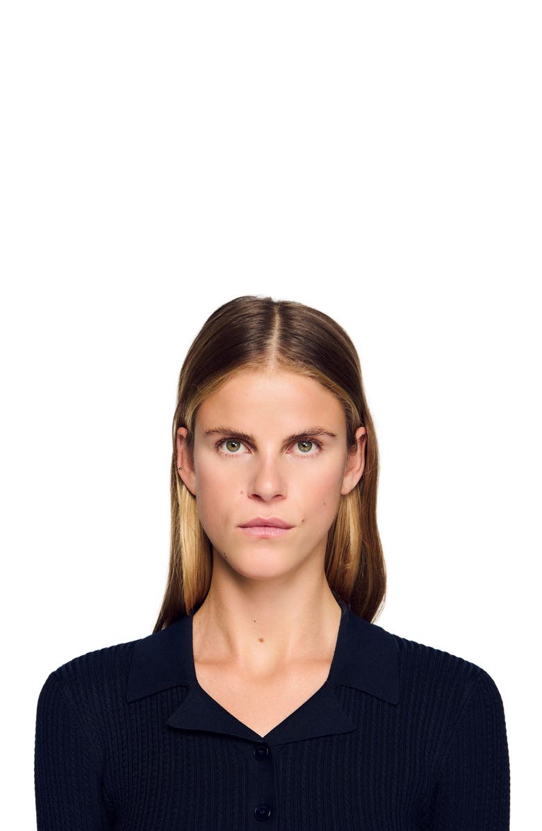 SANDRO Cropped polo collar cardigan, Alternate, color, Navy Blue