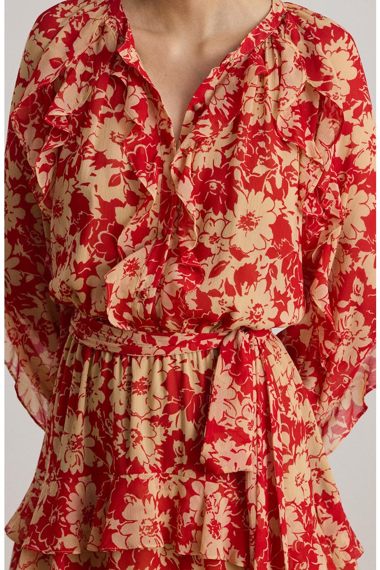Print Ruffle Trim Georgette Tiered Dress, Alternate, color, RED/ BEIGE