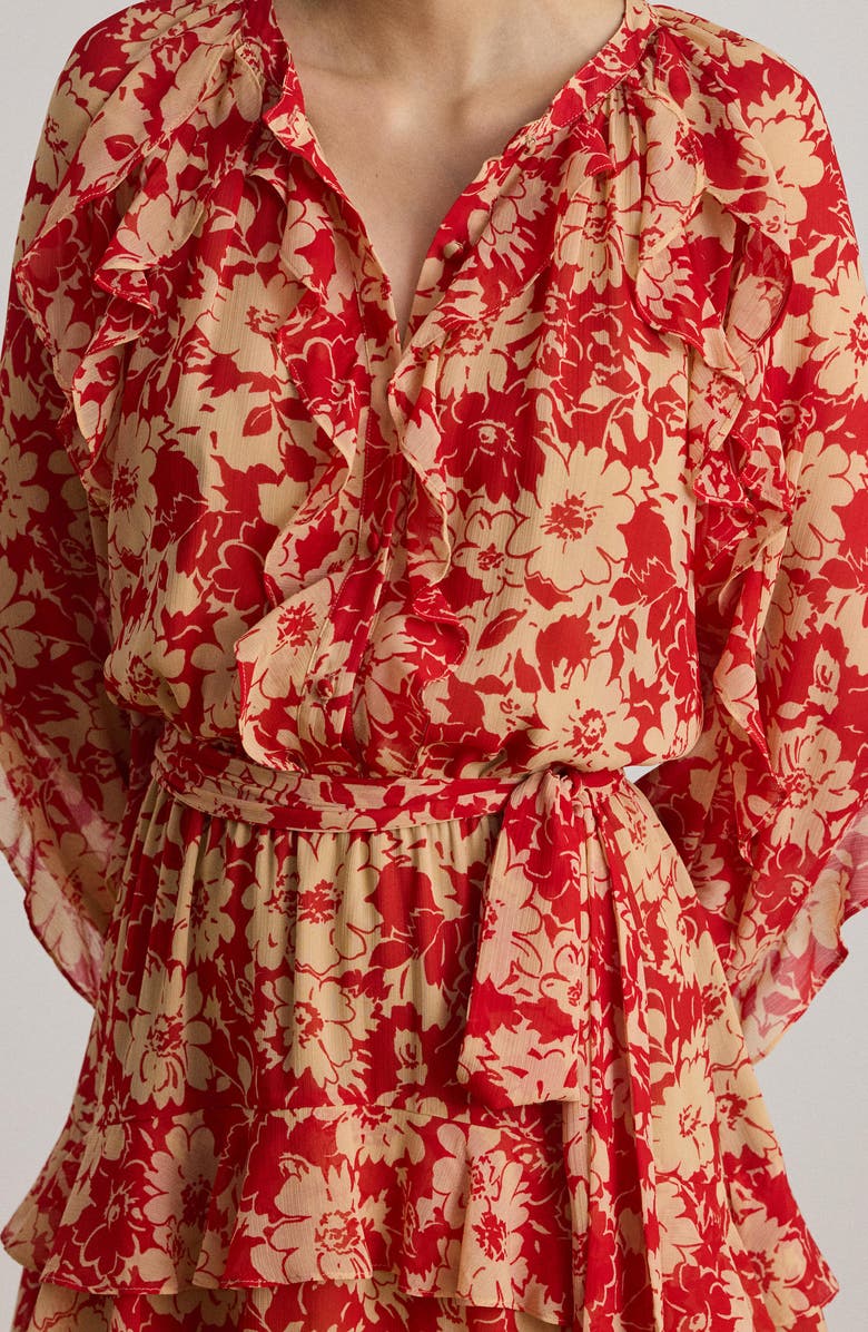 Lauren Ralph Lauren Print Ruffle Trim Georgette Tiered Dress, Alternate, color, Red/ Beige