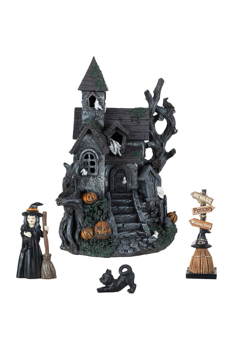 Set of 4 Halloween Lighted Resin Haunted House with Timer, Alternate, color, Black