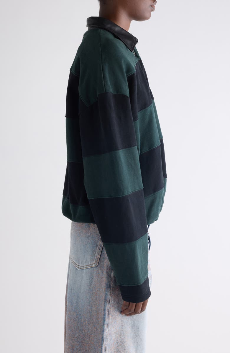 Acne Studios Striped Organic Cotton Fleece Polo Sweatshirt, Alternate, color, Forest Green/ Black