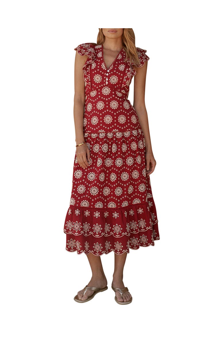 Cotton Broderie Drop Waist Midi Dress, Main, color, Red