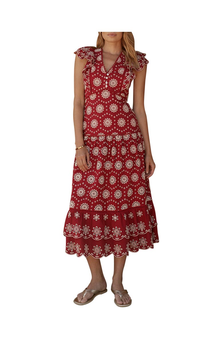 MINT VELVET Cotton Broderie Drop Waist Midi Dress, Main, color, Red