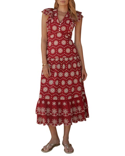 Cotton Broderie Drop Waist Midi Dress