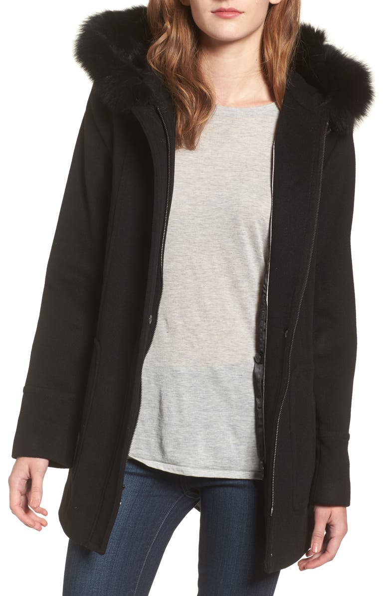 SACHI Hooded Wool Blend Coat with Genuine Fox Fur Trim, Main, color,