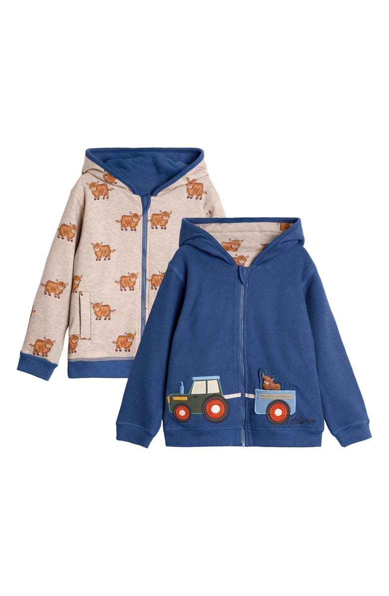 JOJO MAMAN BEBE Kids' Highland Cow Reversible Cotton Zip-Up Hoodie, Alternate, color, Indigo