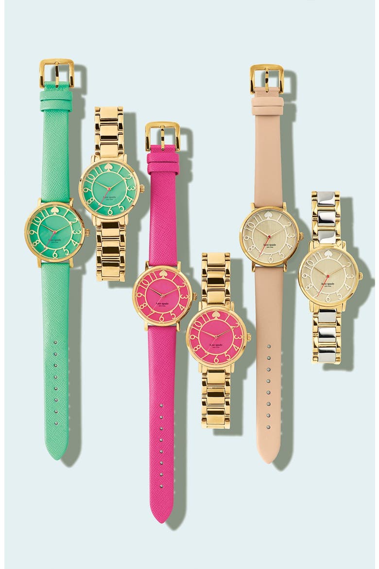 'metro' round leather strap watch, 34mm, Alternate, color, BOUGAINVILLEA PINK/ GOLD