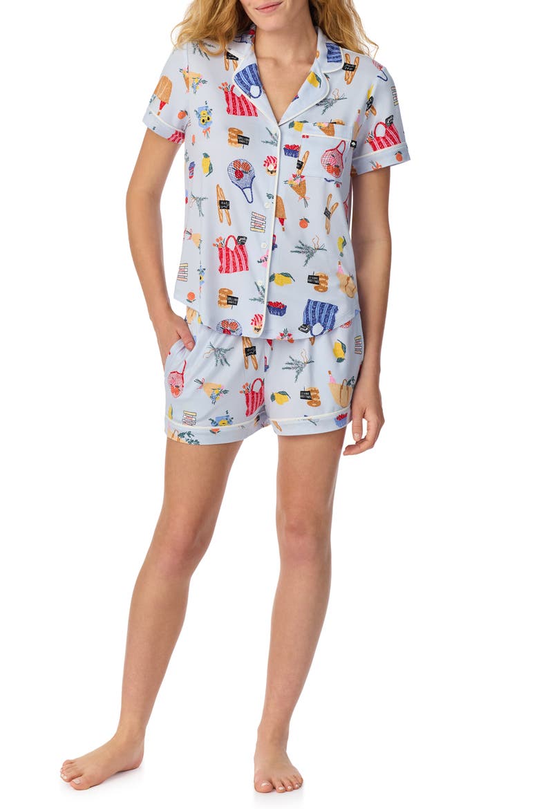 Print Short Sleeve Pajamas, Main, color, AQUA PRINT