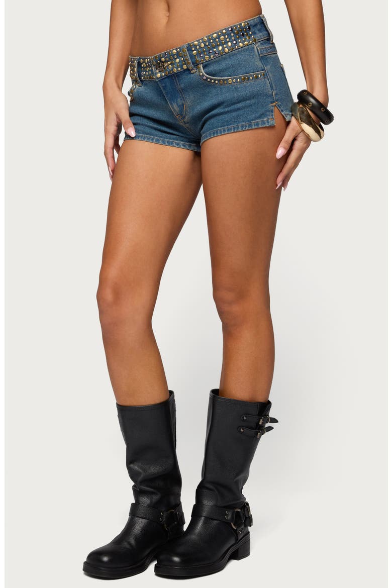 Studded Denim Shorts, Alternate, color, BLUE-WASHED