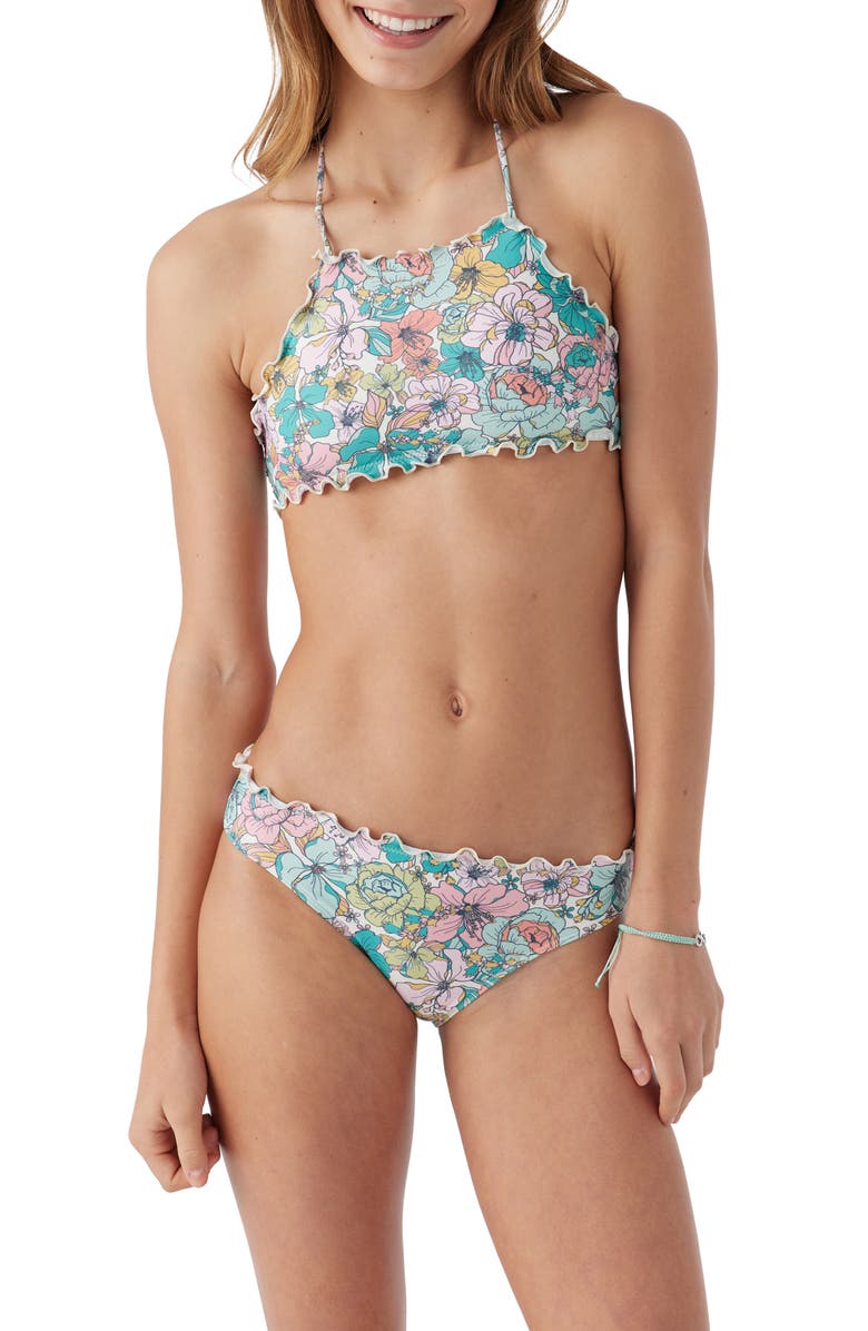 O'Neill Kids' Janis Ruffle Floral Two-Piece Swimsuit, Main, color, 