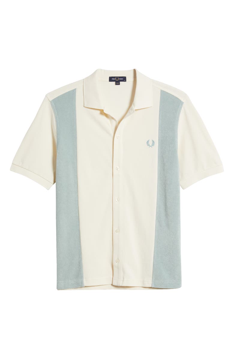 Fred Perry Panel Colorblock Terry Cloth Short Sleeve Button-Up Shirt, Alternate, color, Blue/ Ecru