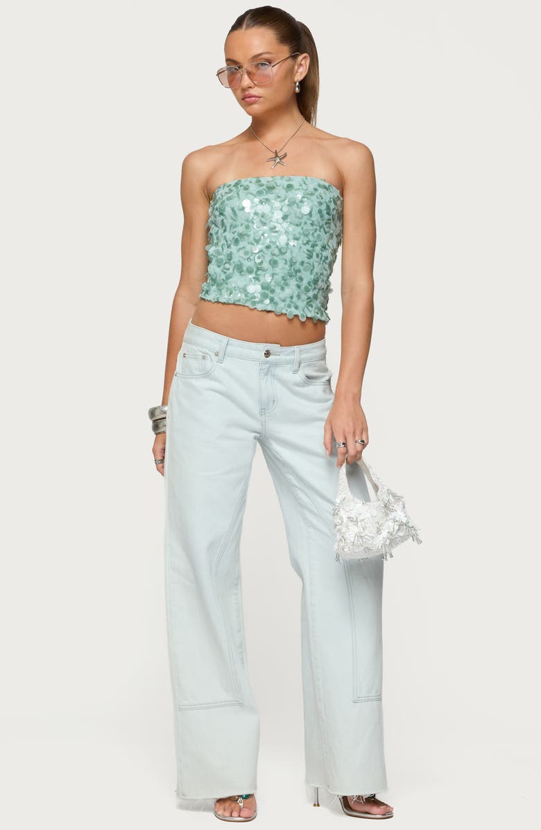 EDIKTED Brynn Paillette Strapless Crop Top, Alternate, color, Sage