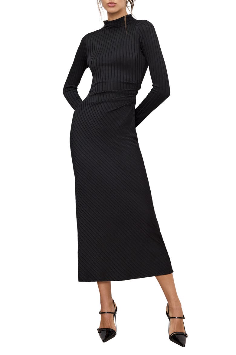 Victorian Rib Long Sleeve Midi Dress, Main, color, BLACK001