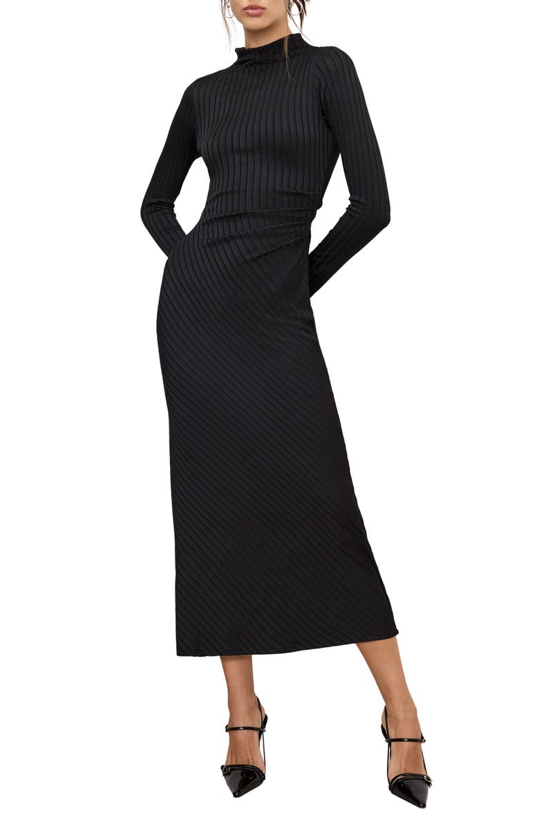 Good American Victorian Rib Long Sleeve Midi Dress, Main, color, Black001