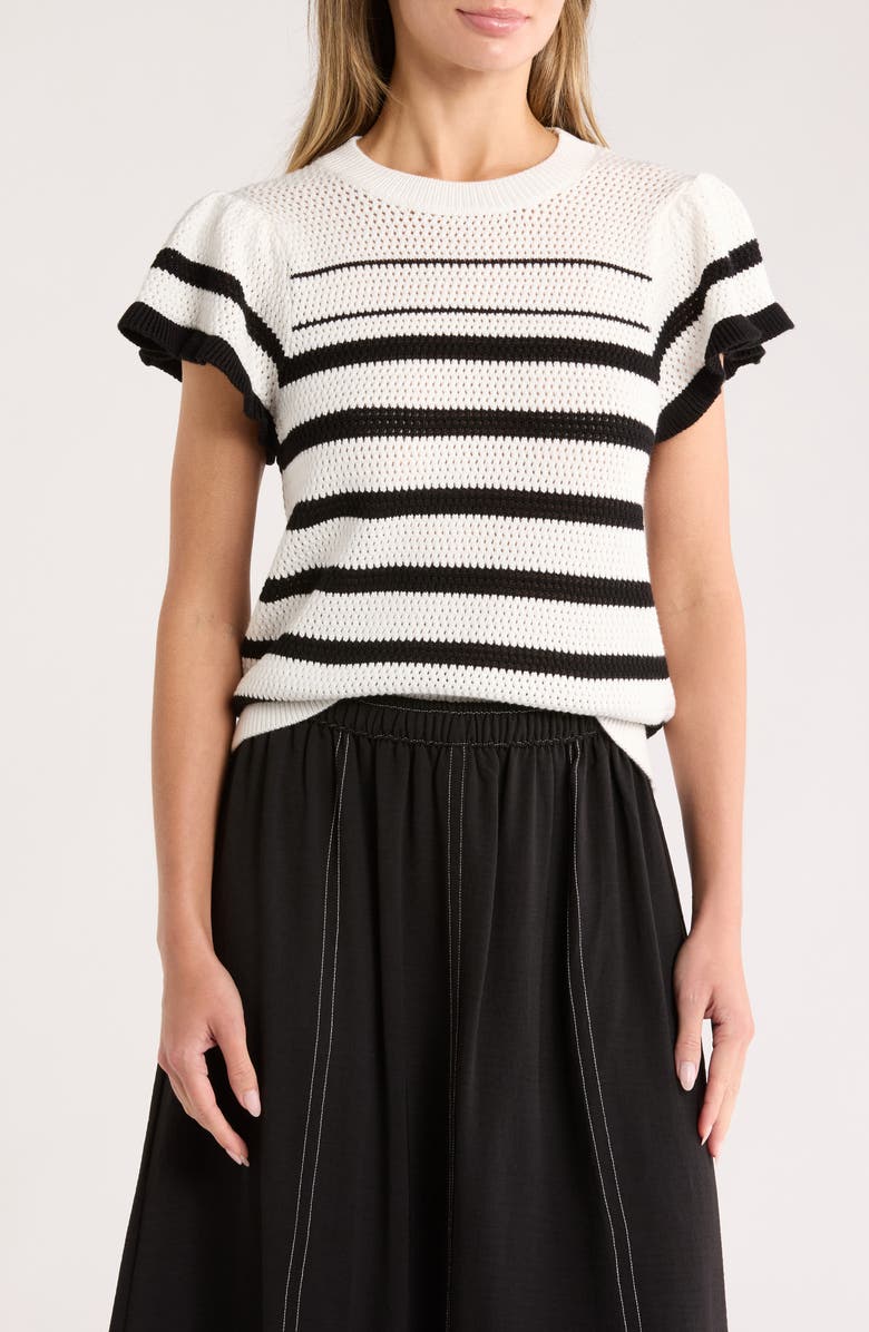 Adrianna Papell Ruffle Stripe Pointelle Sweater, Main, color, Ivory/ Black