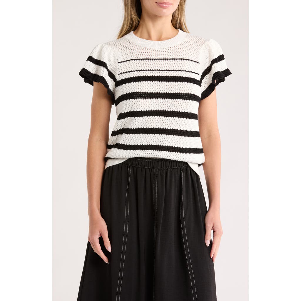 Adrianna Papell Ruffle Stripe Pointelle Sweater In Neutral