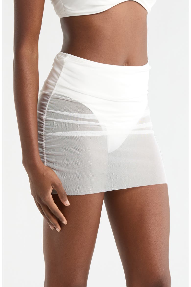 Ruched High Waist Mesh Bikini Bottoms, Alternate, color, WHITE SOLID
