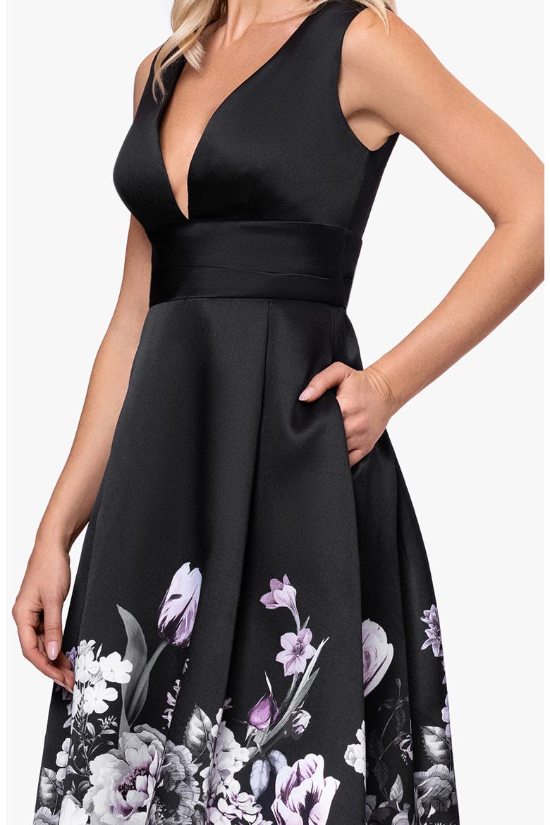 Floral Border Plunge Neck Cocktail Midi Dress, Alternate, color, BLACK/ CHARCOAL