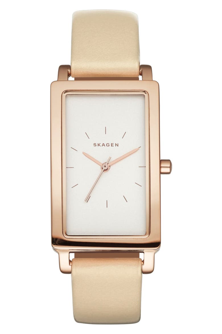 'Hagen' Rectangle Leather Strap Watch, 22mm x 35mm, Main, color, TAUPE/ CHARCOAL/ ROSE GOLD