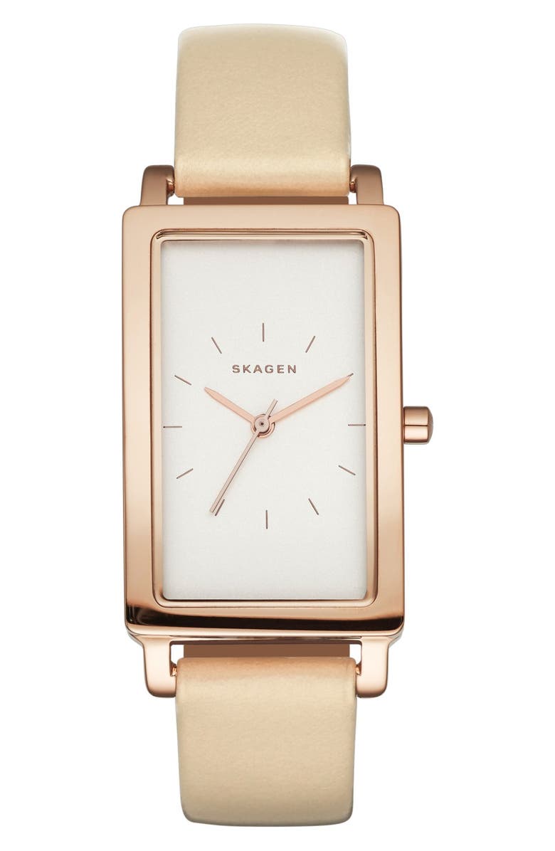 Skagen 'Hagen' Rectangle Leather Strap Watch, 22mm x 35mm, Main, color,