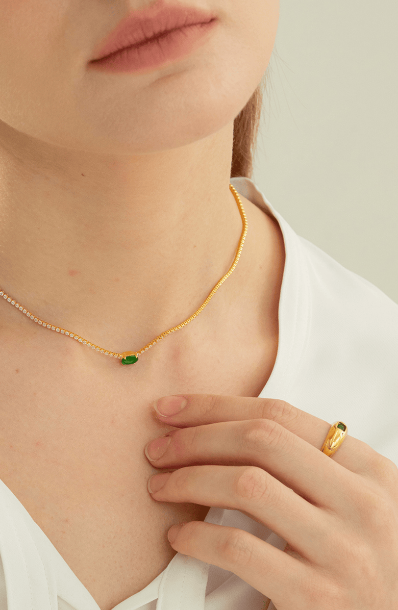 Bearfruit Jewelry 18k Gold Plated Sterling Silver Emerald Rectangle Necklace & Ring Set Holiday Gift Guide, Alternate, color, Gold