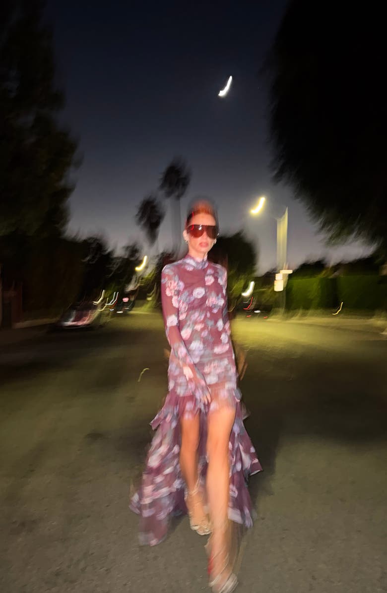 AFRM Zarin Floral High-Low Mesh Skirt, Alternate, color, Cabernet Bouquet