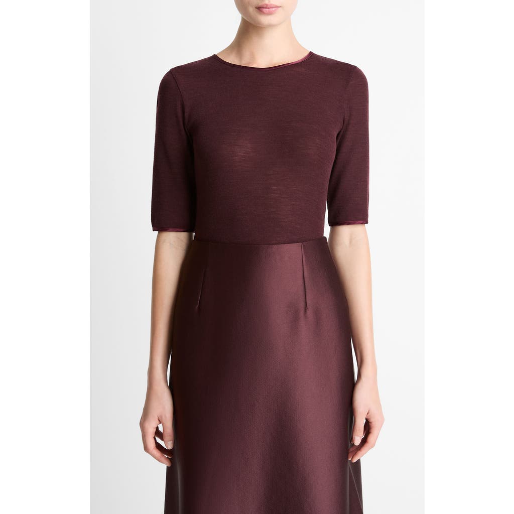 Vince Satin Trim Wool Top In Burgundy