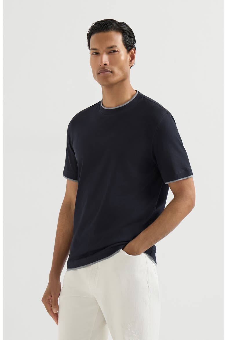 Cotton jersey crew neck T-shirt with faux-layering, Main, color, Cobalt