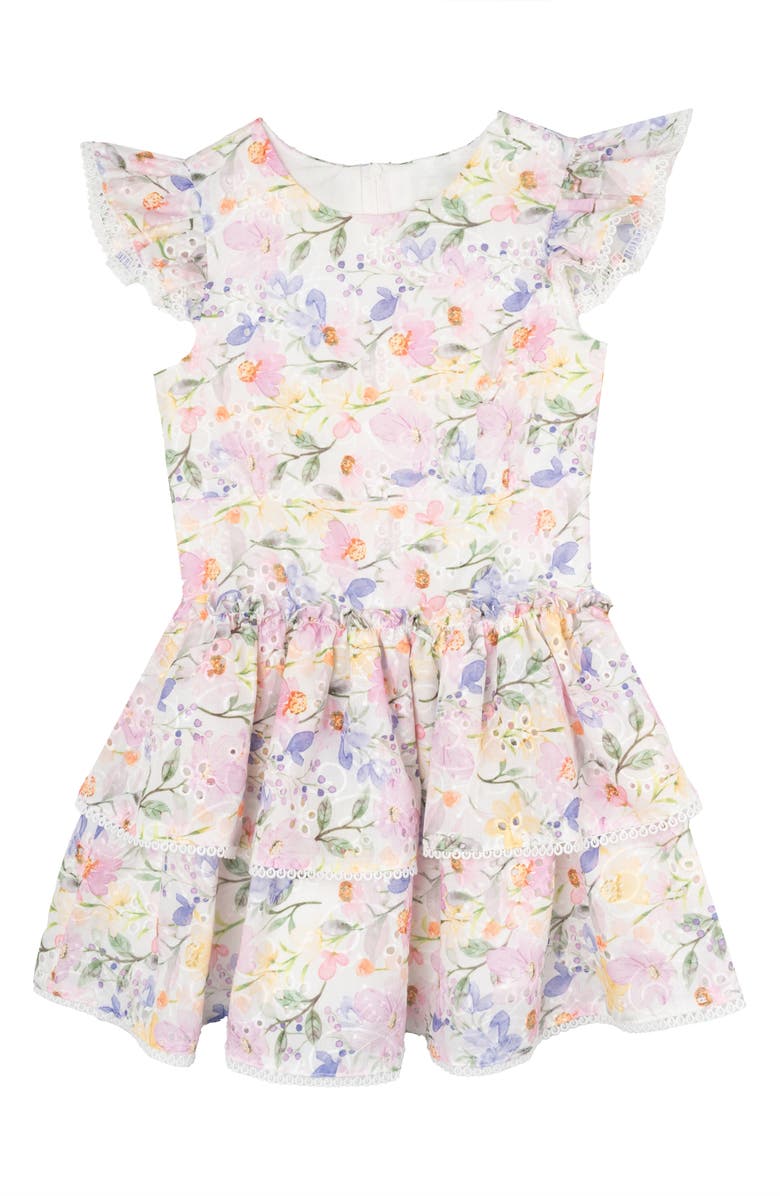 Rare Editions Kids' Flutter Sleeve Floral Eyelet Dress, Main, color,