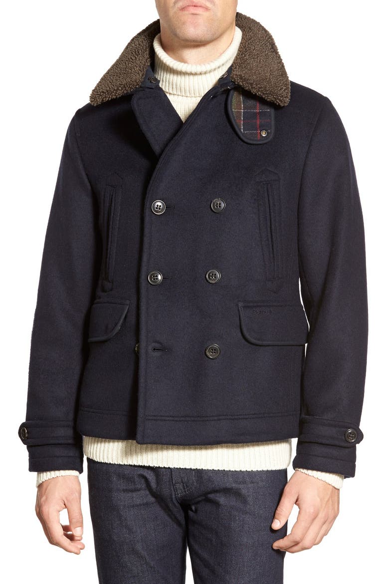 'Penston' Double Breasted Coat with Removable Faux Shearling Collar, Main, color, NAVY