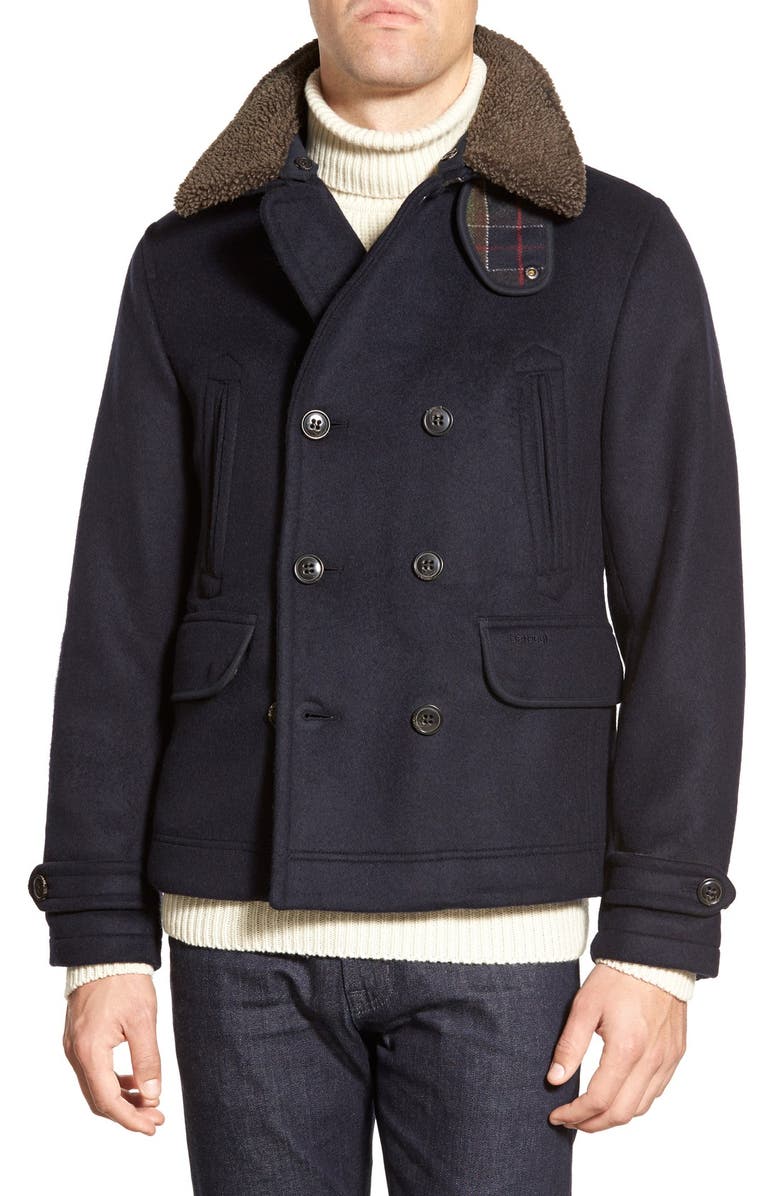 Barbour 'Penston' Double Breasted Coat with Removable Faux Shearling Collar, Main, color, 