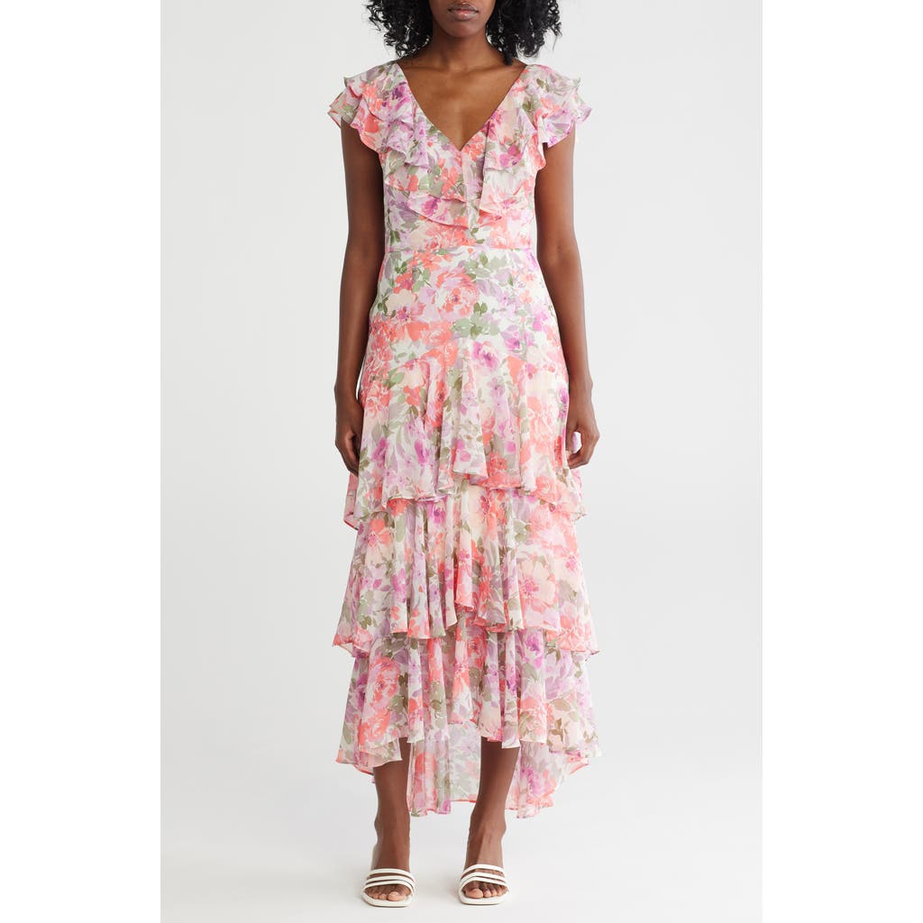 Shop Wayf Floral Ruffle Tiered Dress In Lavender Allover
