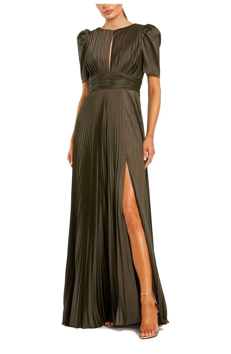 Mac Duggal Pleated Charmeuse Puff Sleeve Evening Gown With Slit, Main, color, Olive